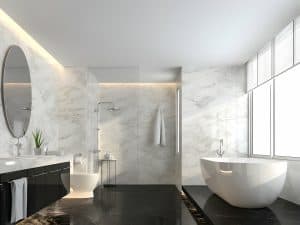 Modern bathroom with black marble floor